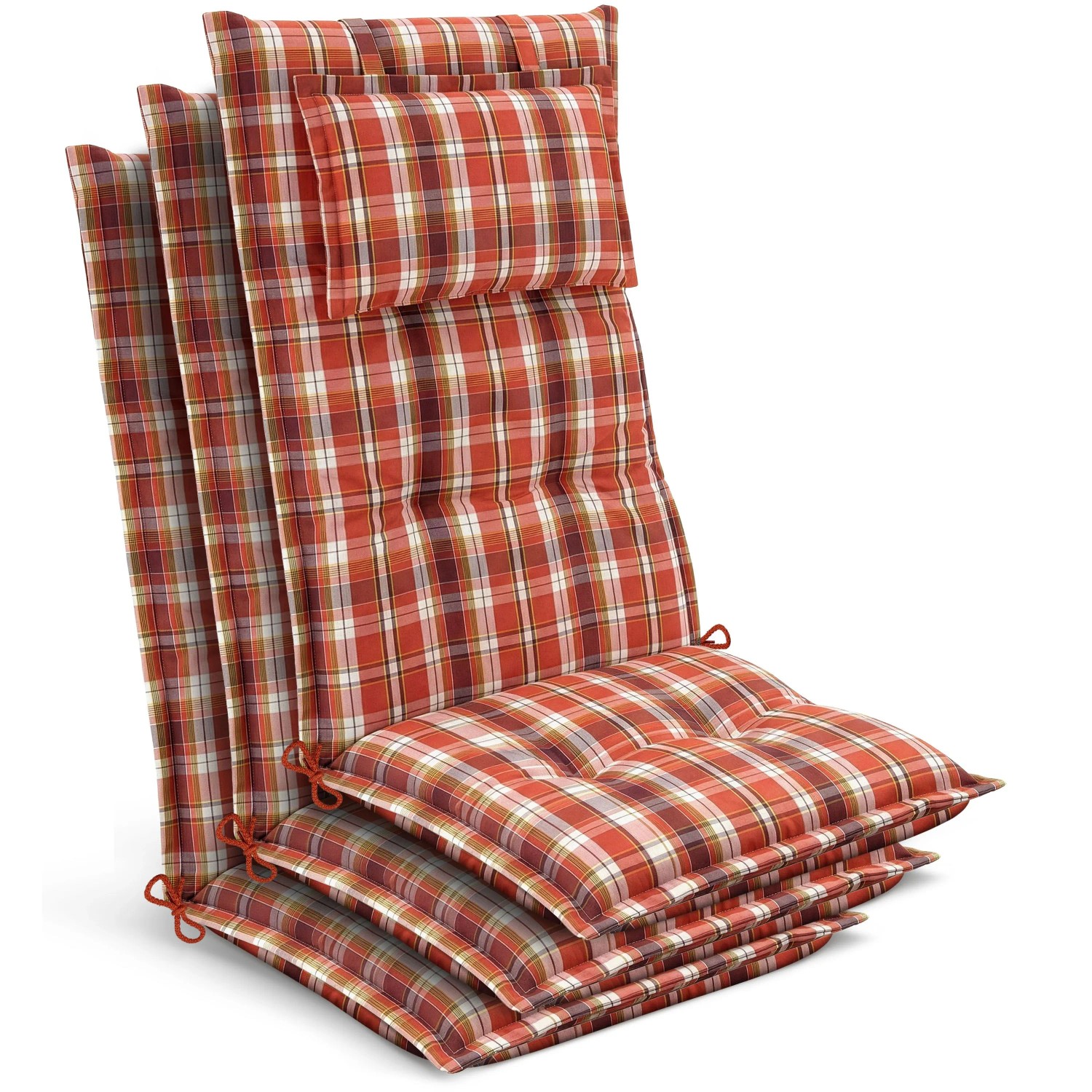 Beautissu 3x Gartenstuhlauflage Hochlehner 120x50x7cm Orange-Rot-Grün-Kariert