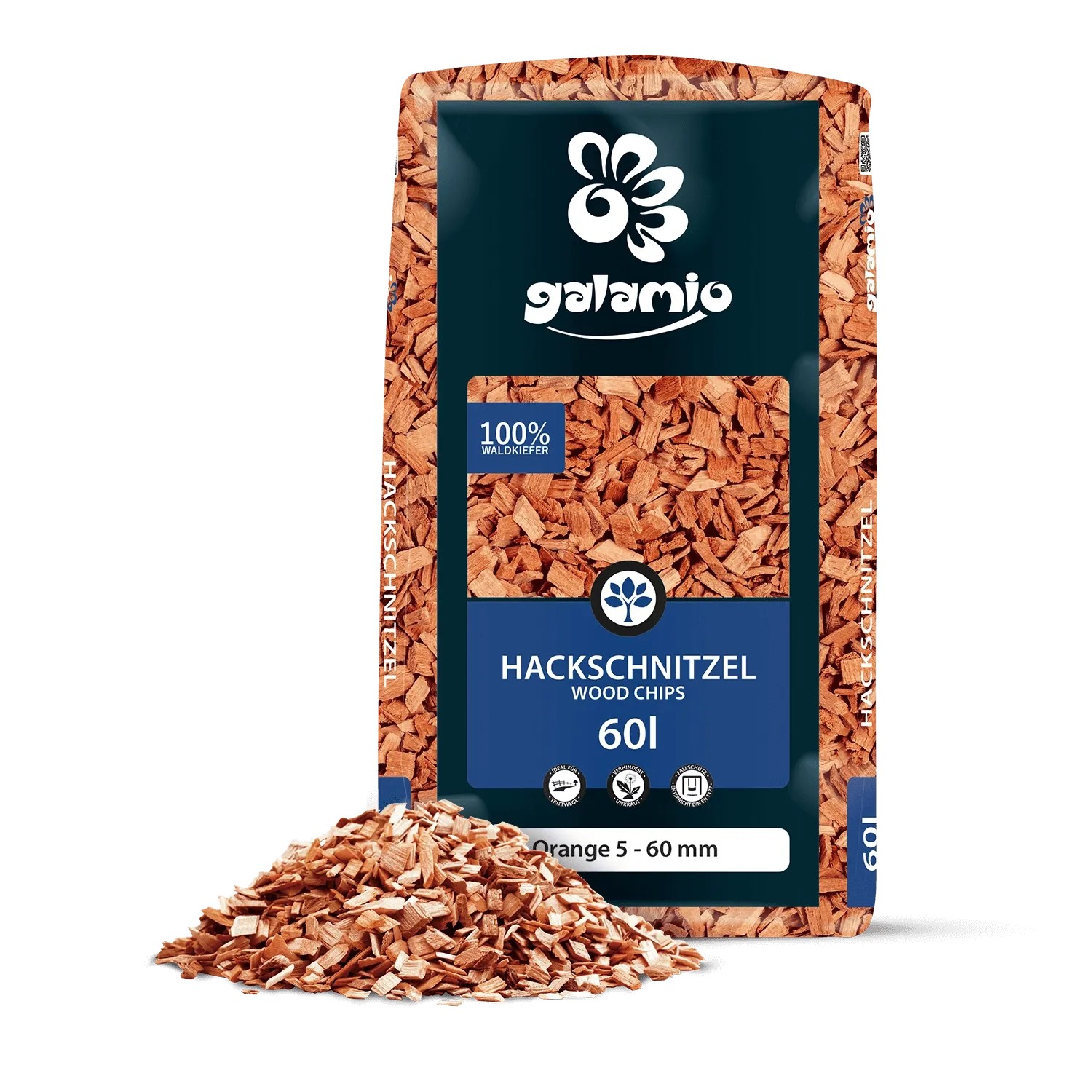 Galamio Holzhackschnitzel Orange 60l. Orangene Holzchips als Mulch, in Beutel und lose. Für Garten und Beete.
