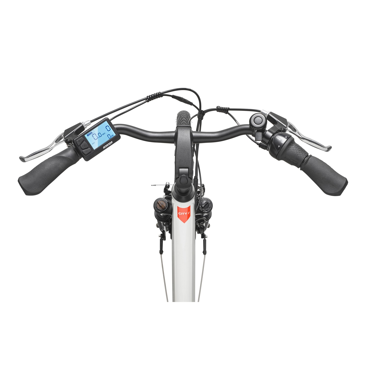 Telefunken City E-Bike: Lenkeransicht mit Display, Bremshebeln und ergonomischen Griffen.