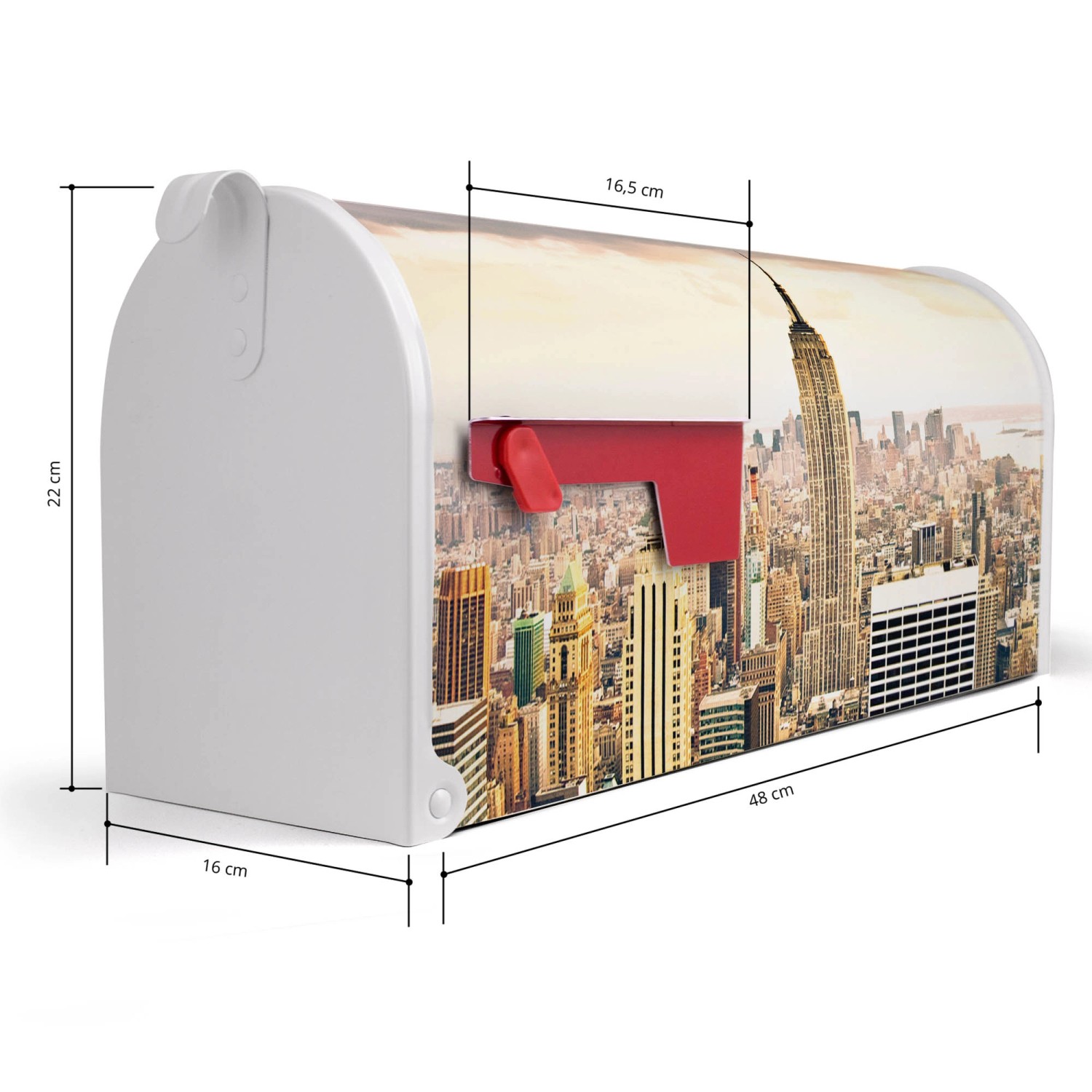 Weißer US Briefkasten mit New York Motiv, Stahl, 48x22x16cm. Amerikanischer Postkasten für Wand- oder Standmontage.