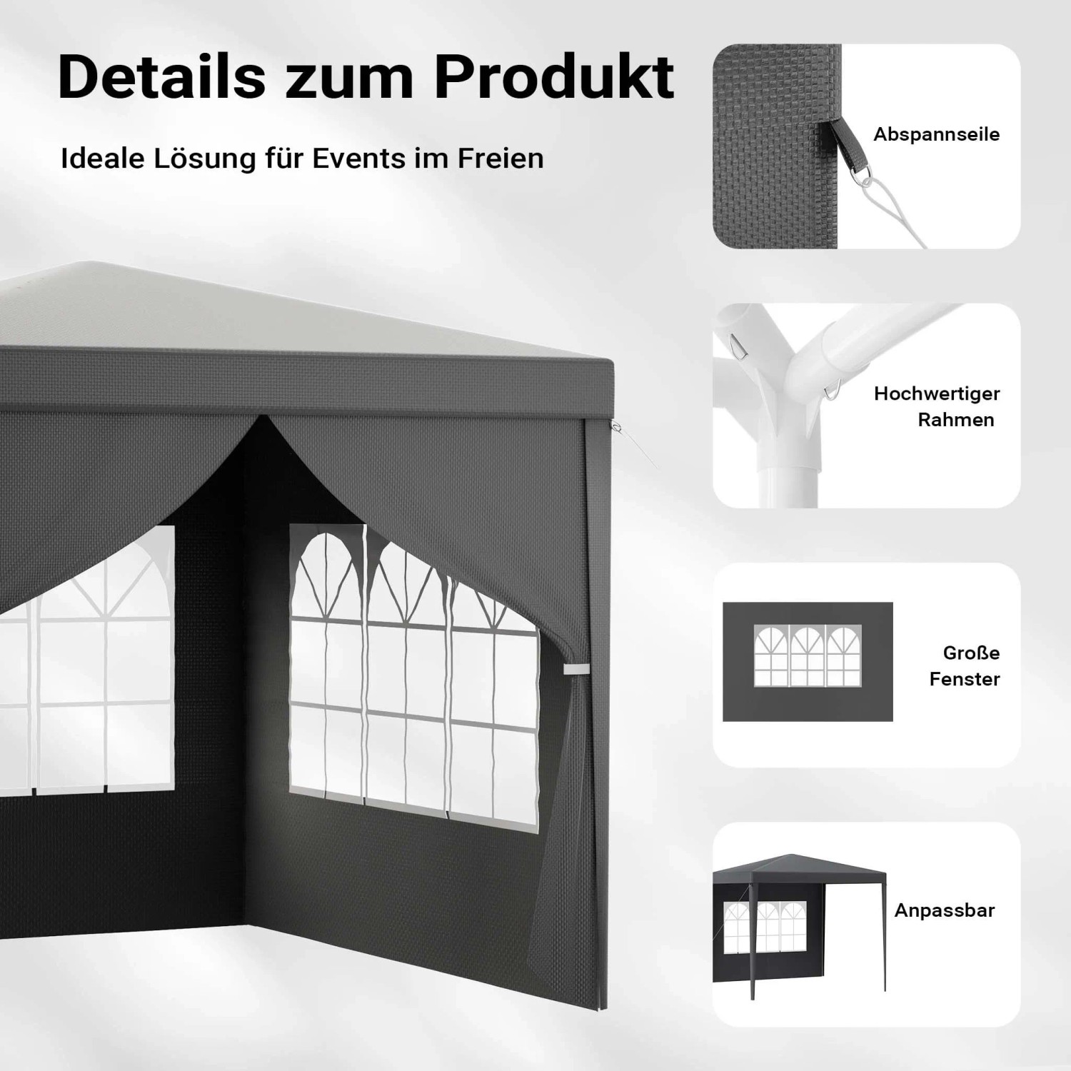 Grauer Toboli Pavillon 3x3m mit großen Fenstern, anpassbaren Seitenwänden. Gartenpavillon & Partyzelt mit Sonnenschutz.