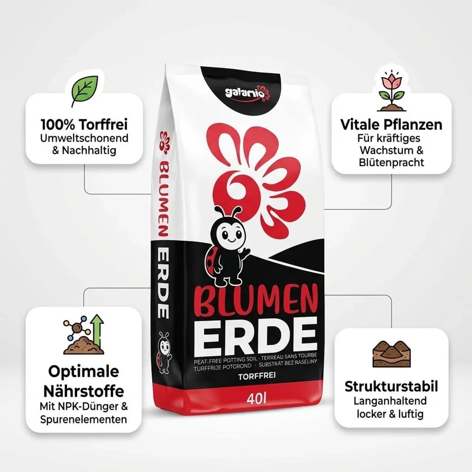 Galamio Blumenerde torffrei 40l Sack. Weißer Beutel mit roter Blume, Marienkäfer-Logo. Für vitale Pflanzen, Nährstoffe, stabile Struktur.