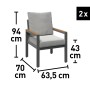 Abbildung von 2 Stühlen der Loungegruppe Moonbeam mit Maßen. Gartenmöbel mit anthrazitfarbenem Gestell und beigen Polstern.