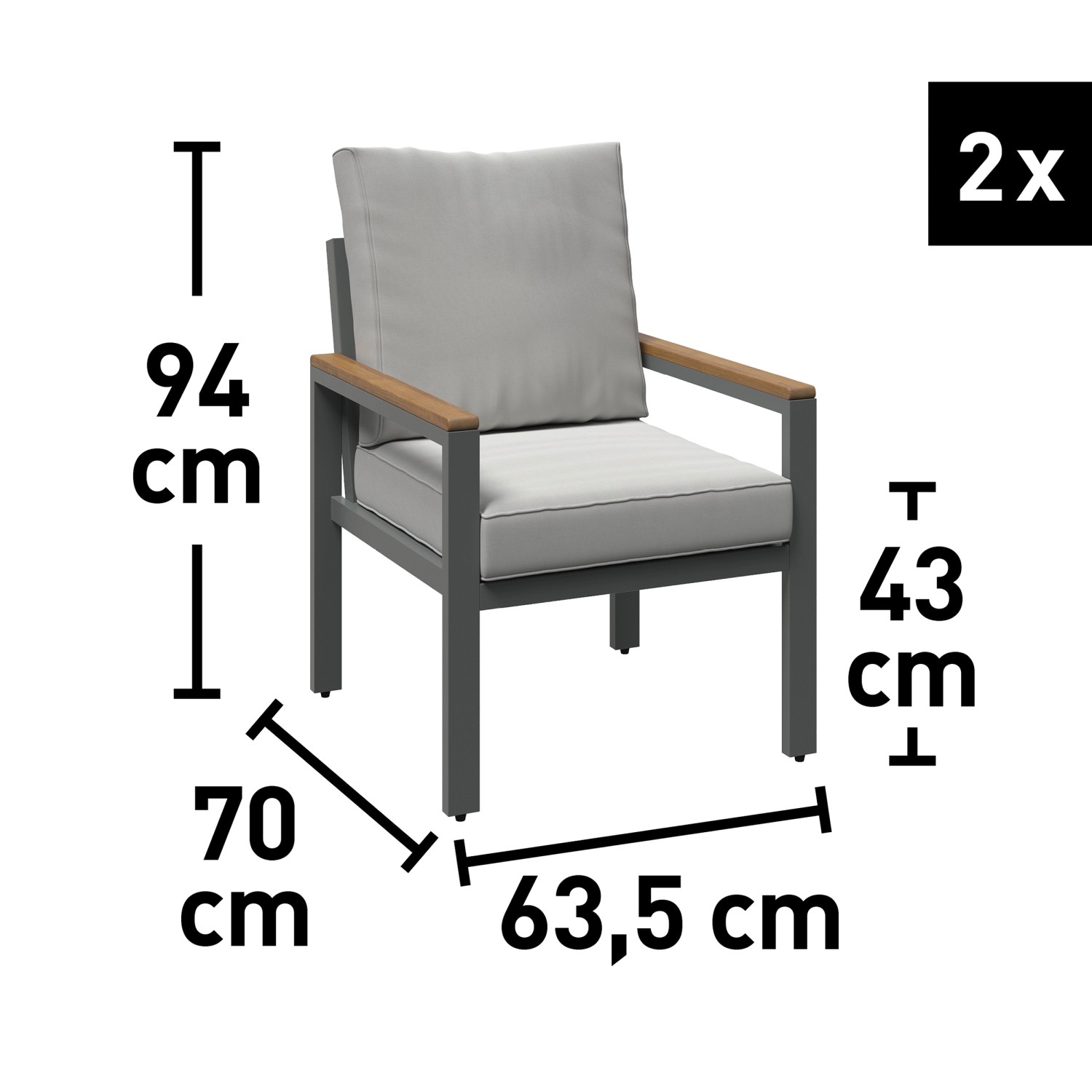 Abbildung von 2 Stühlen der Loungegruppe Moonbeam mit Maßen. Gartenmöbel mit anthrazitfarbenem Gestell und beigen Polstern.