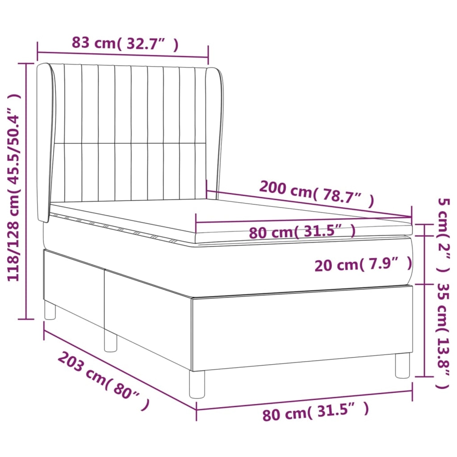 vidaXL Boxspringbett dunkelblau (80x200 cm) mit Matratze und Maßen.