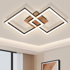 Moderne ZMH LED-Deckenleuchte in Schwarz-Holz Optik. Geometrisches Design mit ineinandergreifenden Quadraten für Wohnräume.