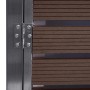 Detailaufnahme: Mülltonnenverkleidung K14 in Walnuss-Holzoptik, WPC-Lamellen und Edelstahlscharnier.