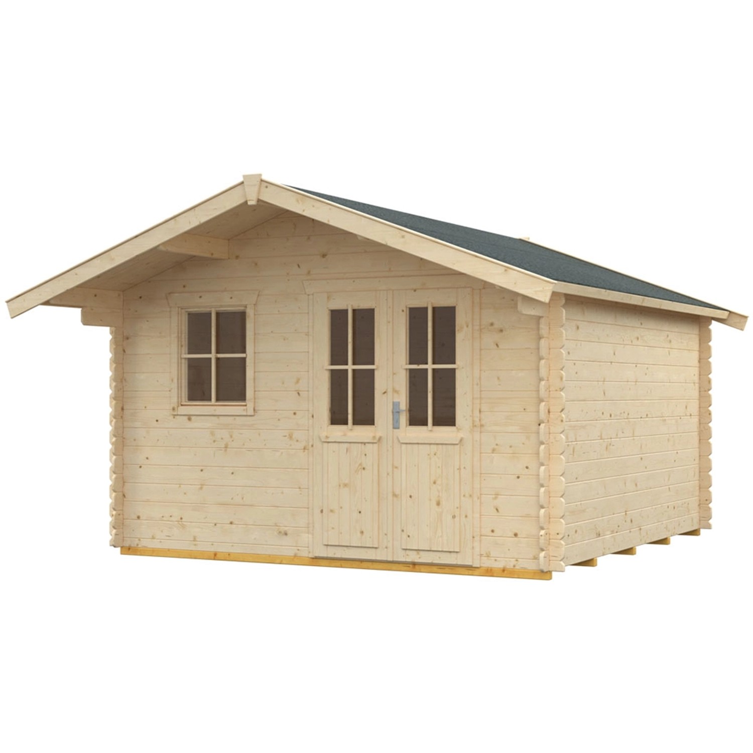 Skan Holz Gartenhaus Malaga 2, naturbelassen, 340x340 cm. Holz-Gartenhaus mit Doppeltür und Fenster.