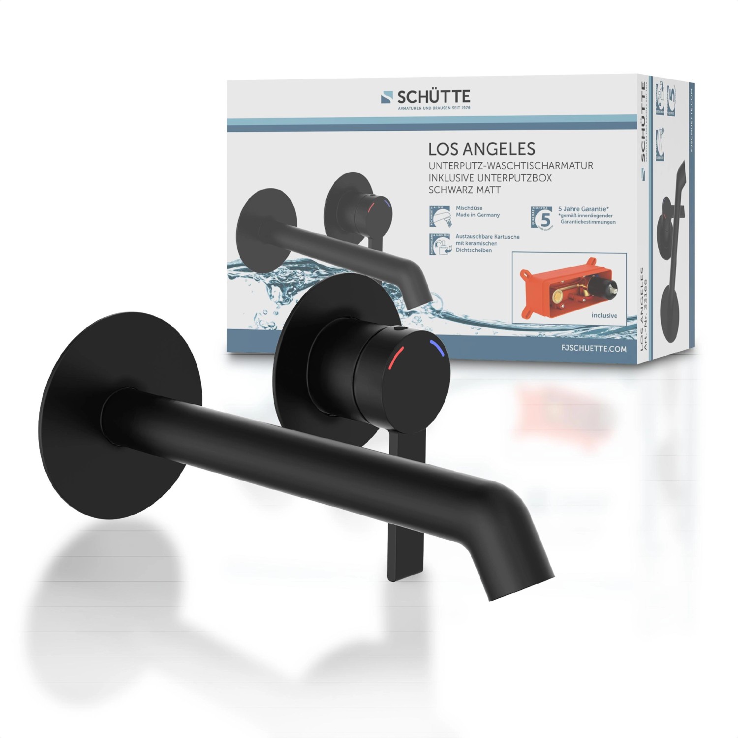 Schütte Waschtischarmatur Los Angeles, mattschwarz für Wandmontage mit Unterputzbox.