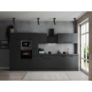 Moderne Respekta Küchenzeile Oliver 370 cm in Grau Matt mit E-Geräten und Spüle.