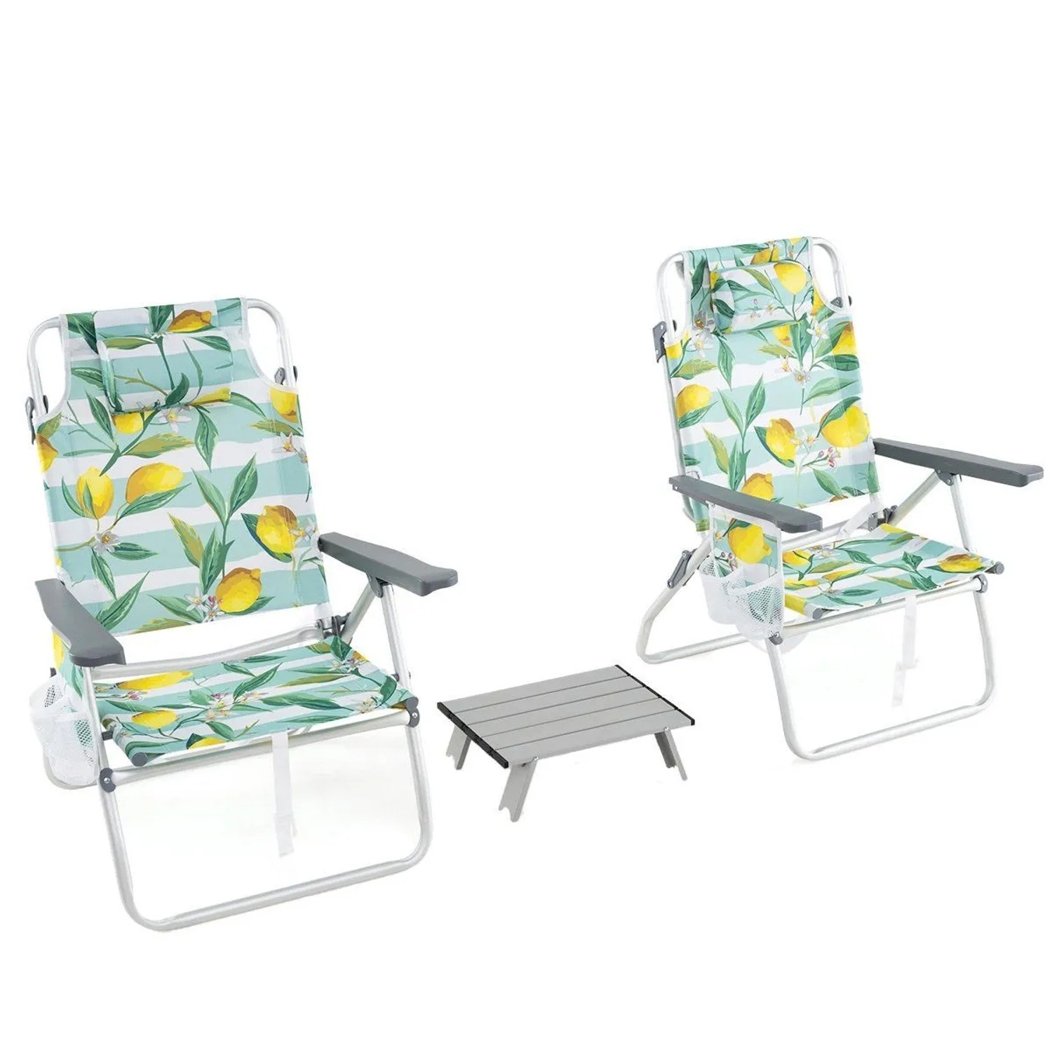Costway Klappbare Strandstühle mit Tisch Kopfstütze Schultergurten Grün