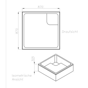 Technische Zeichnung Ottofond Wannenträger für Duschwanne Saba 90 cm, Draufsicht und isometrische Ansicht.