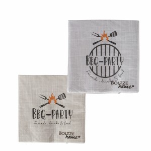 Boltze Servietten-Set BBQ, 2-fach sortiert, beige-grau mit Grillmotiv und Schriftzug.
