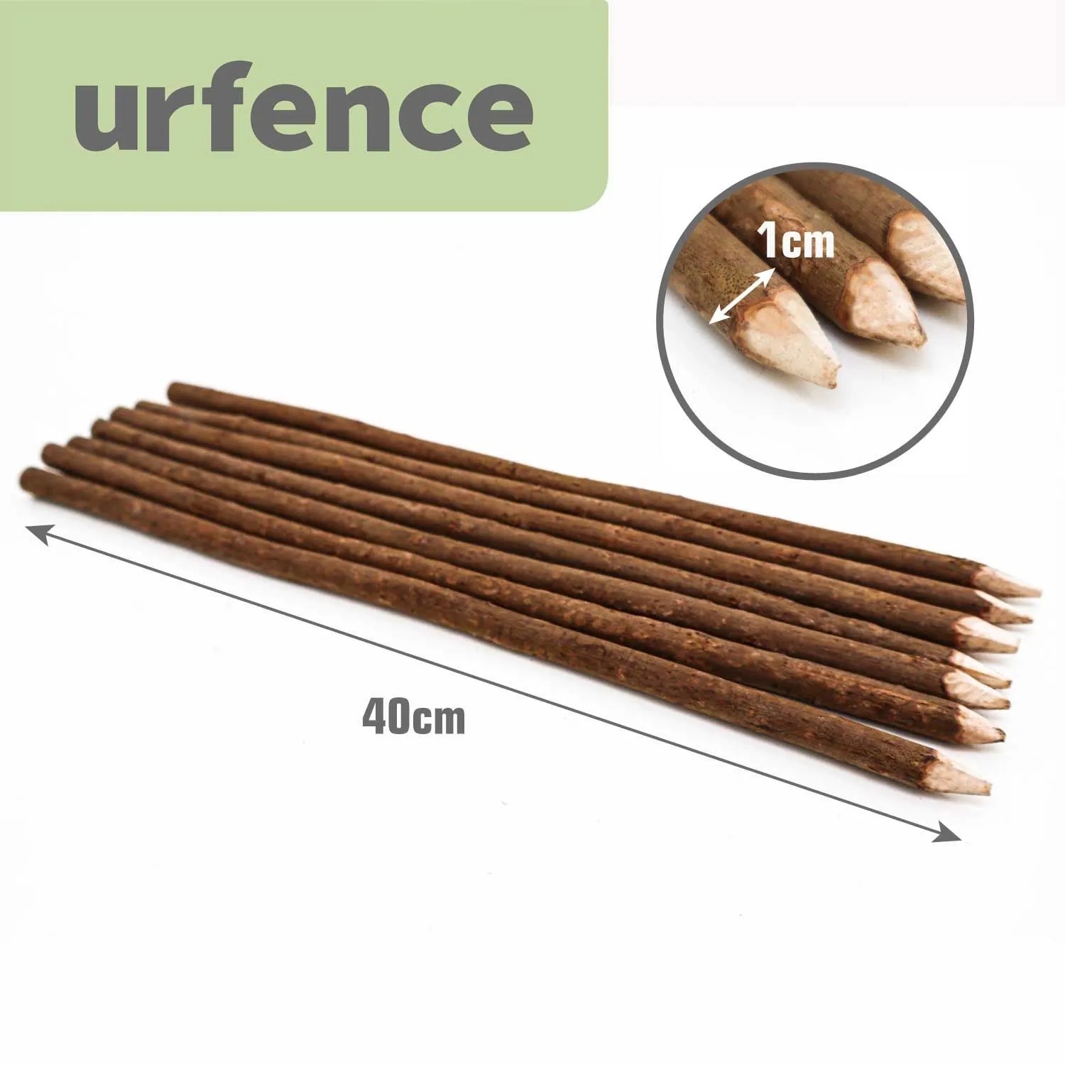Spitze Holzpfähle, 40cm lang, 1cm Durchmesser, zur Befestigung von urfence Beeteinfassungen.