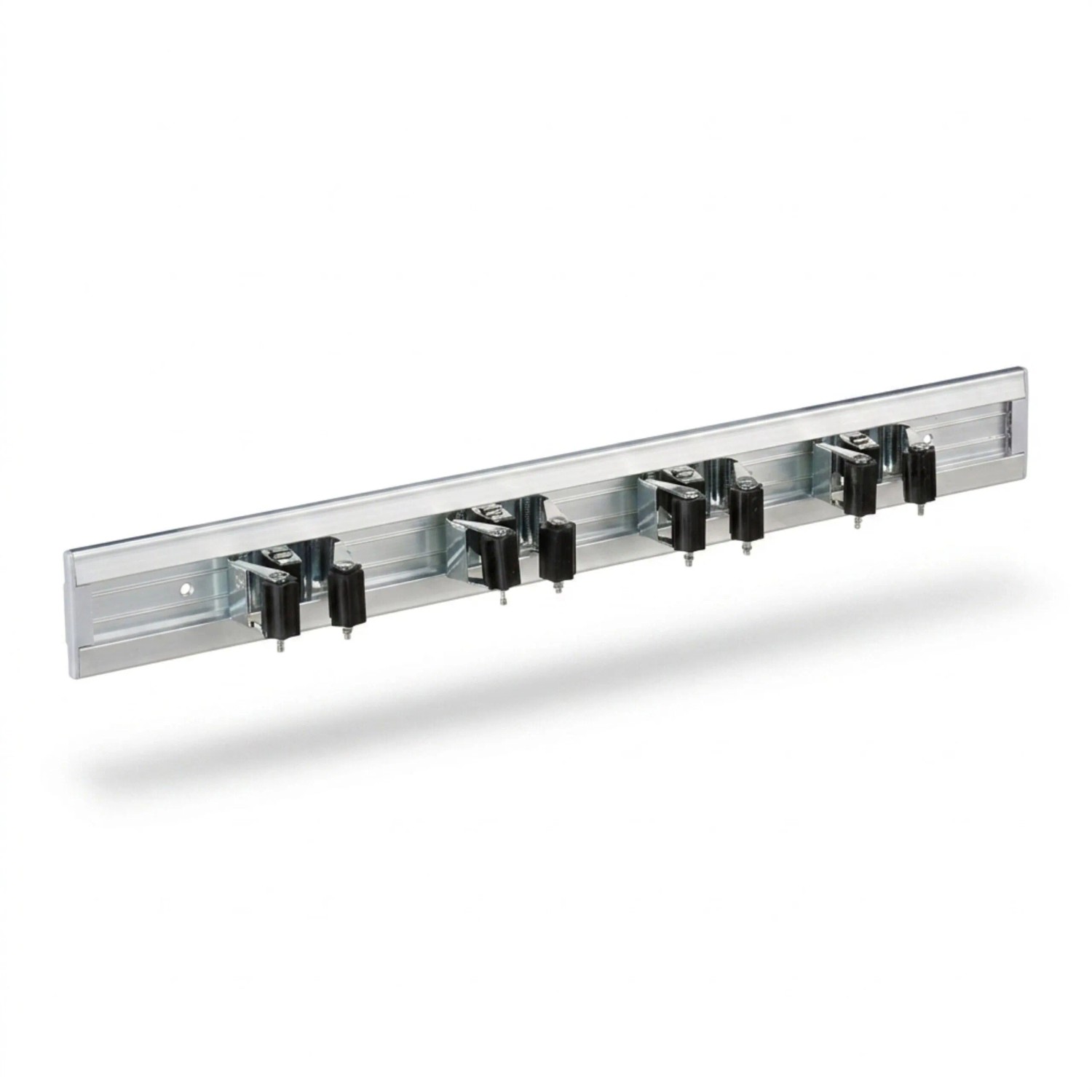 Silberne Relaxdays Aluminium-Geräteleiste mit 8 verstellbaren schwarzen Klemmhaltern für Wandmontage. Ordnung für Garten & Garage.