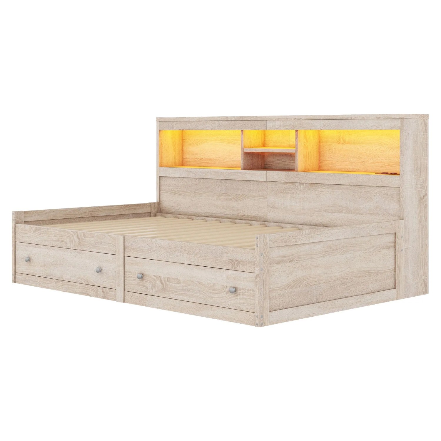 Merax Tagesbett 90x200 cm Mit Nachttisch 2 USB LED 2 Schubladen Natur