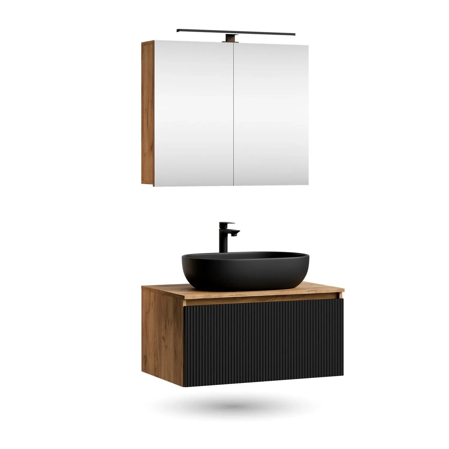 Planetmöbel ARISA Badmöbel Set 80 cm Schwarz Geriffelt mit Spiegelschrank ARIA LED Leuchte und Aufsatzwaschbecken 60 cm Schwarz Keramik Soft Close
