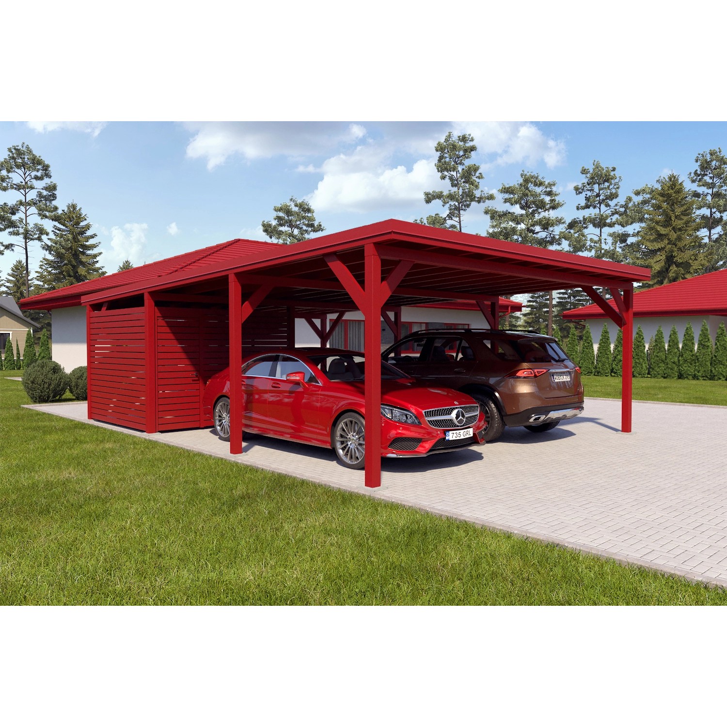 Holzbrüder Carport Ralf 52m² mit kl. Geräteraum Oxidrot-Rot günstig online kaufen