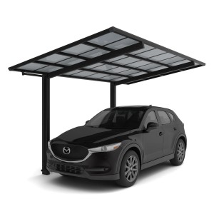 Schwarzes Ximax Alu Einzelcarport Linea mit Auto. Carport mit transparentem Dach.