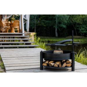 Schwarze CookKing Feuerschale Montana X mit Holzlager, Ø 88 cm, für Garten & Terrasse.