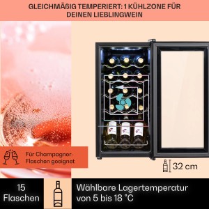 Klarstein Shiraz 15 Slim Uno Weinkühlschrank mit Glasfront und 15 Weinflaschen im Innenraum.
