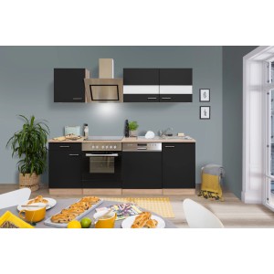 Respekta Economy Küchenzeile KB220ESSSC in Schwarz und Eiche Sägerau mit E-Geräten.