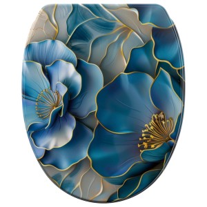 SANILO WC-Sitz Bluemara mit Absenkautomatik und blauem Blumenmuster.