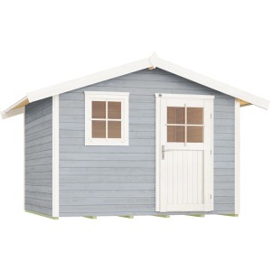 Graues Holz-Gartenhaus mit Satteldach, Fenster und Tür. Gartenhaus 123 Gr.4 von WEKA.