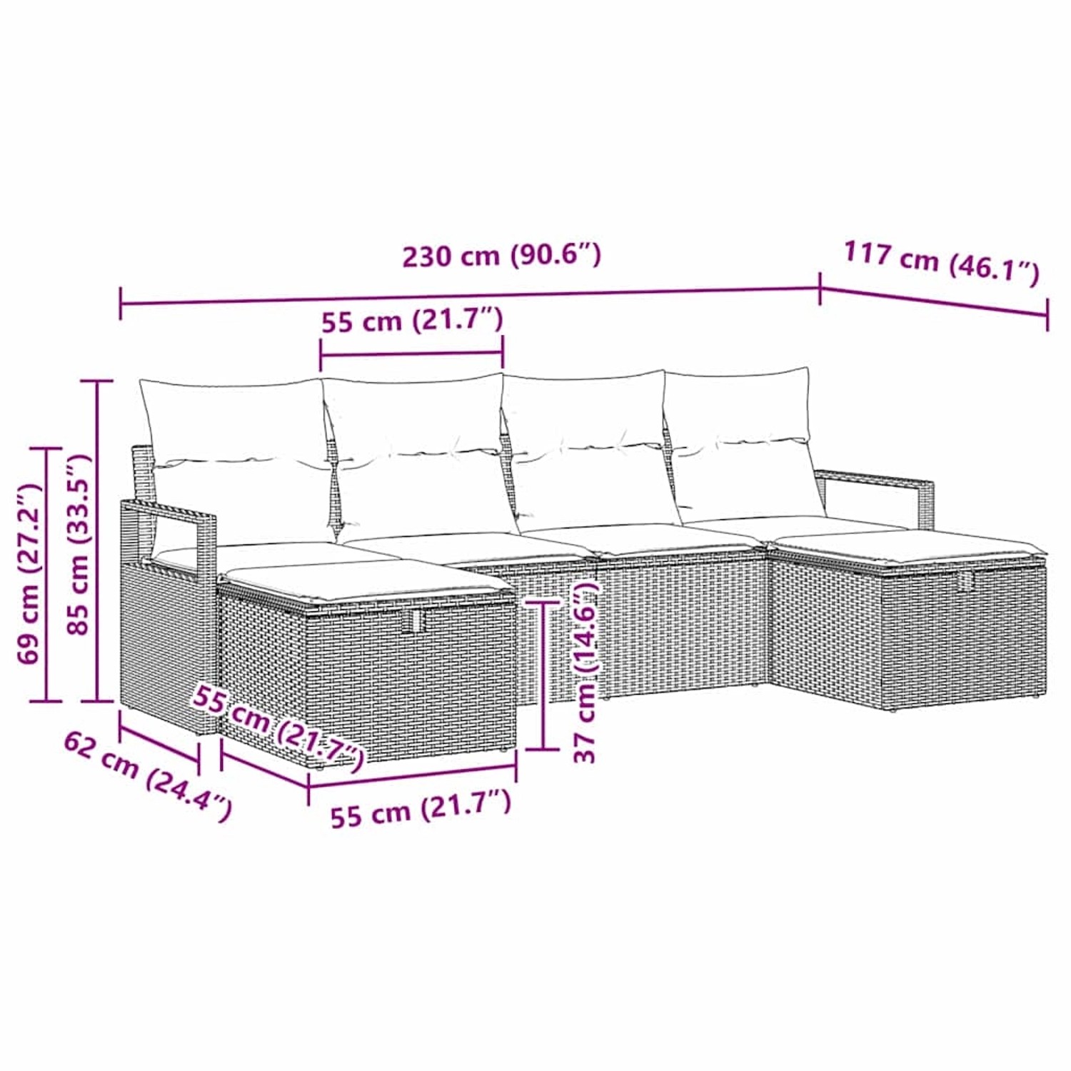 vidaXL Garten-Sofa-Set 6-tlg. hellgrau Poly Rattan mit Maßangaben.