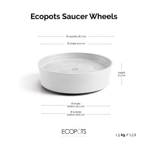 Weißer Ecopots Untersetzer Amsterdam Rollen (28,7 cm) mit integrierten Rädern zum einfachen Bewegen von Blumentöpfen.
