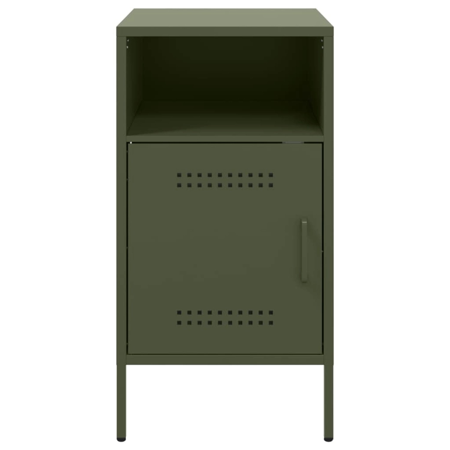 Olivgrüner vidaXL Nachttisch aus Stahl mit Tür und offenem Fach.