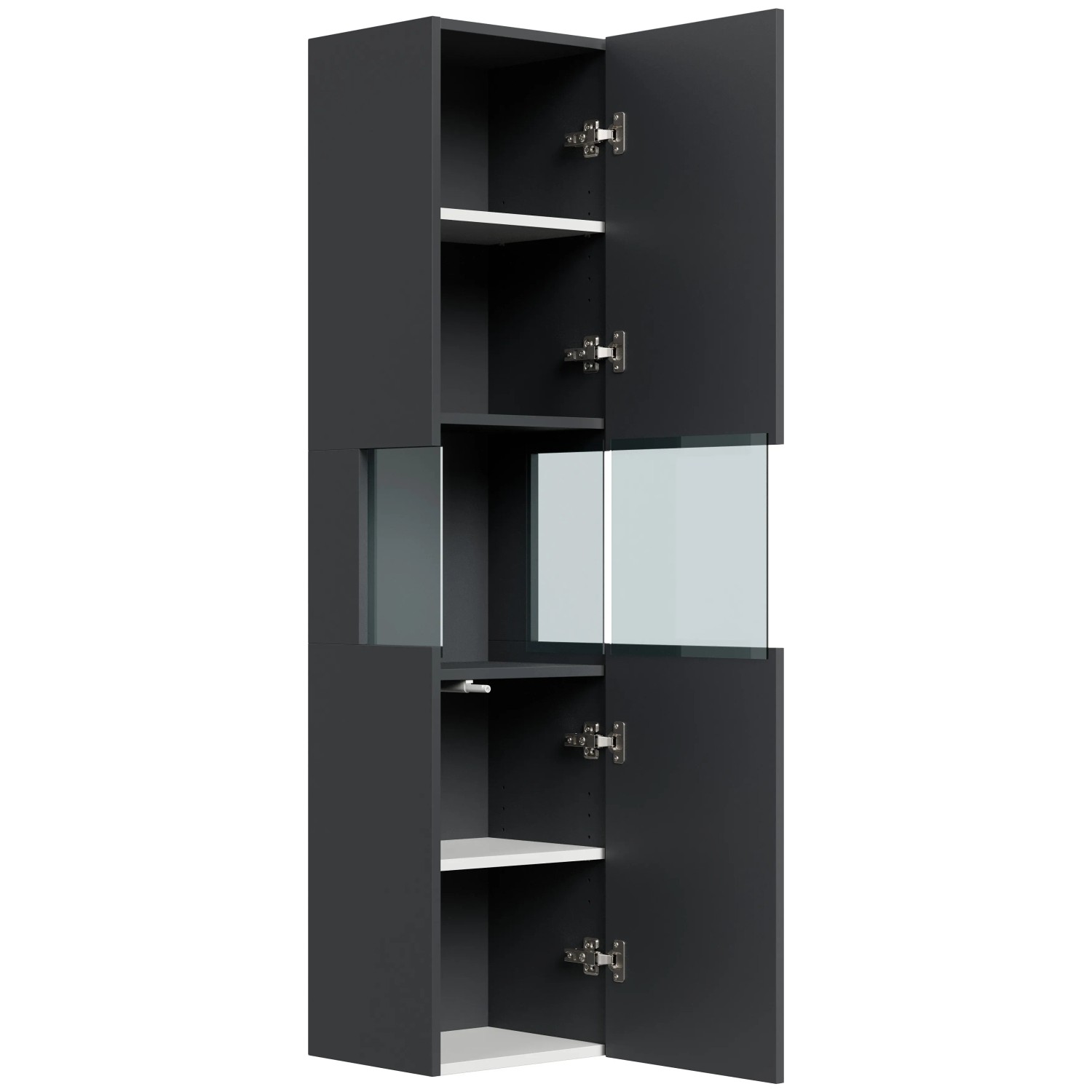 Posseik Bad Hochschrank Limes, Grafit, 150cm, mit Glaselement und offenen Türen.