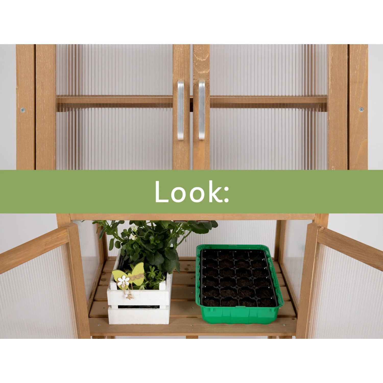 Needs&wants Mini-Gewächshaus Framy2 aus Holz mit Pflanzen und Anzuchtschale.