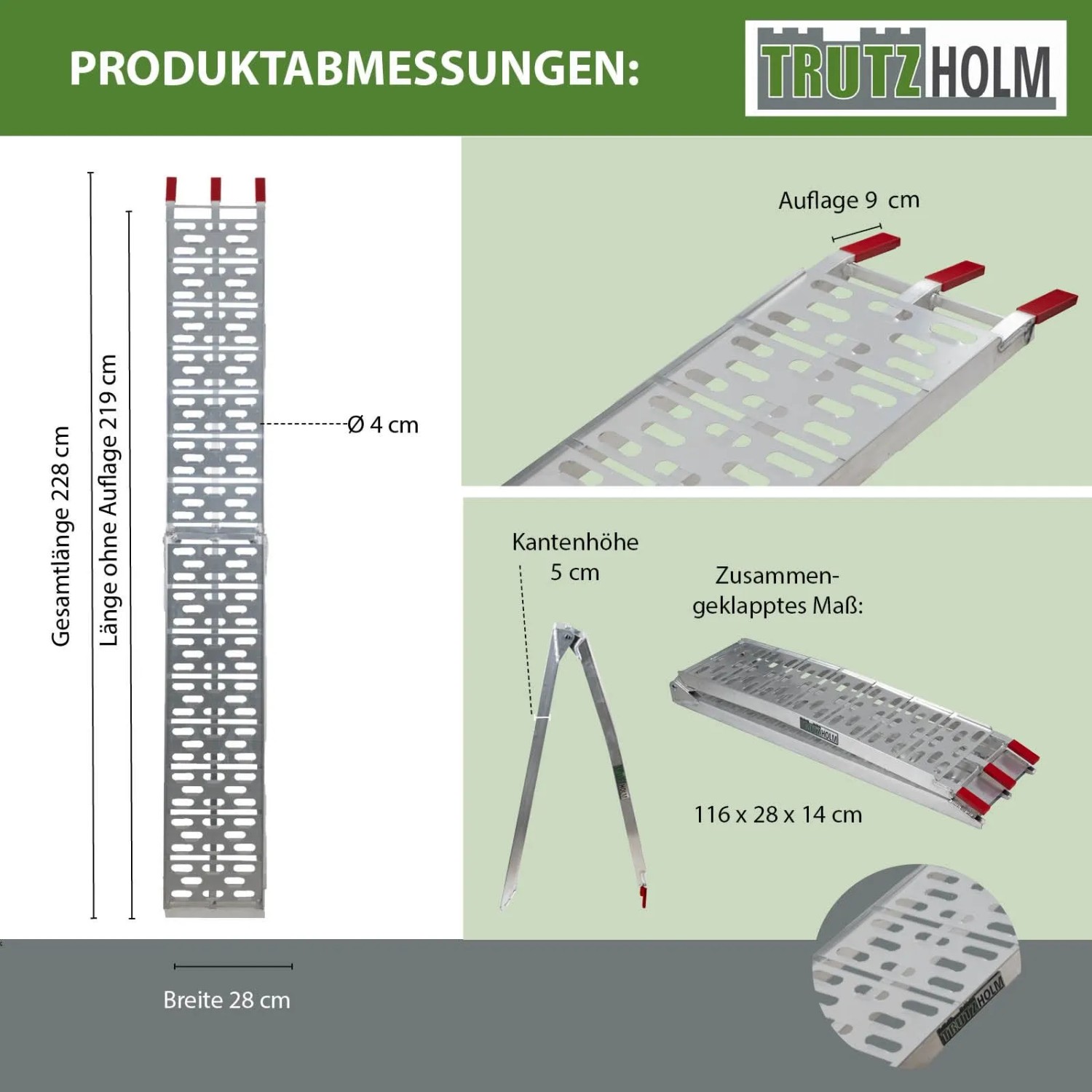 TRUTZHOLM Auffahrrampe klappbar, 228cm, grau, mit Maßangaben.