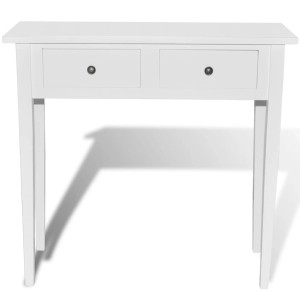 Weißer Frisiertisch mit zwei Schubladen und Eisenknöpfen aus MDF und Kiefernholz. Ideal als Konsolentisch.