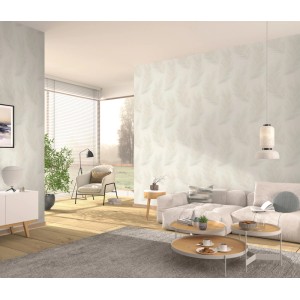 Wohnraum mit Erismann Vliestapete Aurora Trace Beige mit dezentem Feder-Design.
