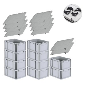 PROREGAL Spar Set: 10 graue Euroboxen mit Deckel und Schnappverschlüssen, 22x30x40 cm.