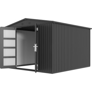 Floraworld Premium Gerätehaus mit Satteldach, metallic-grau, Doppeltür geöffnet.