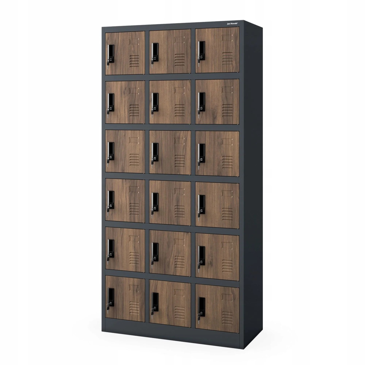 JAN NOWAK Spind Schließfachschrank mit 18 Fächern KAROL ECO DESIGN Anthrazit Nussbaum 185 x 90 x 40 cm