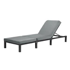 Svita Peach Gartenliege, klappbar, Polyrattan schwarz mit grauem Polster.