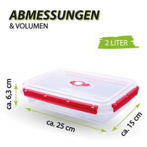 Bestlivings Frischhaltebox, 2 Liter, mit rotem Deckel und Maßangaben.