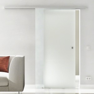 Levidor Glasschiebetür Komplettset, 90x205 cm, satiniert, mit Griffmuschel und Aluminiumrahmen.