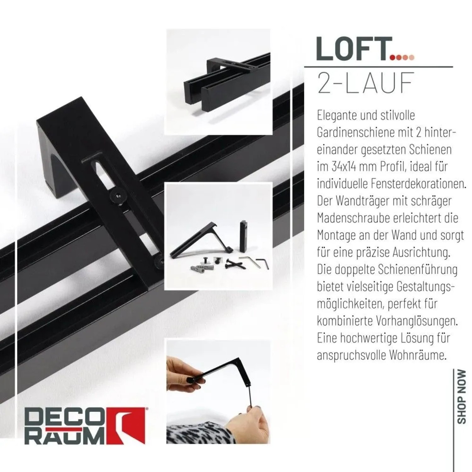Deco-Raum Gardinenschiene nach Maß 2-Lauf Loft Schwarz 360cm