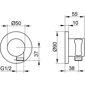Technische Zeichnung: Keuco IXMO Schlauchanschluss 59547 Chrom, Maße und Details.