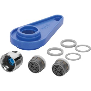6-teiliges Wasserspar-Set mit verchromter Mischdüse M24, inklusive Montageschlüssel und Dichtungen.
