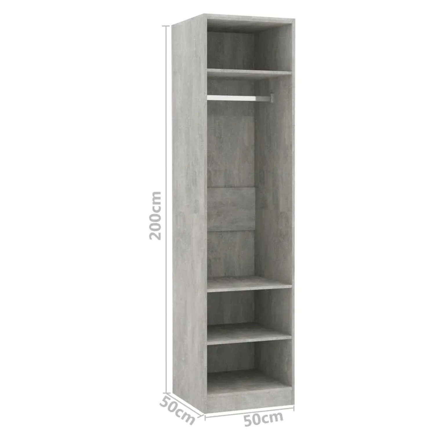 Schmaler, grauer Kleiderschrank (50x50x200 cm) mit Fächern und Kleiderstange.