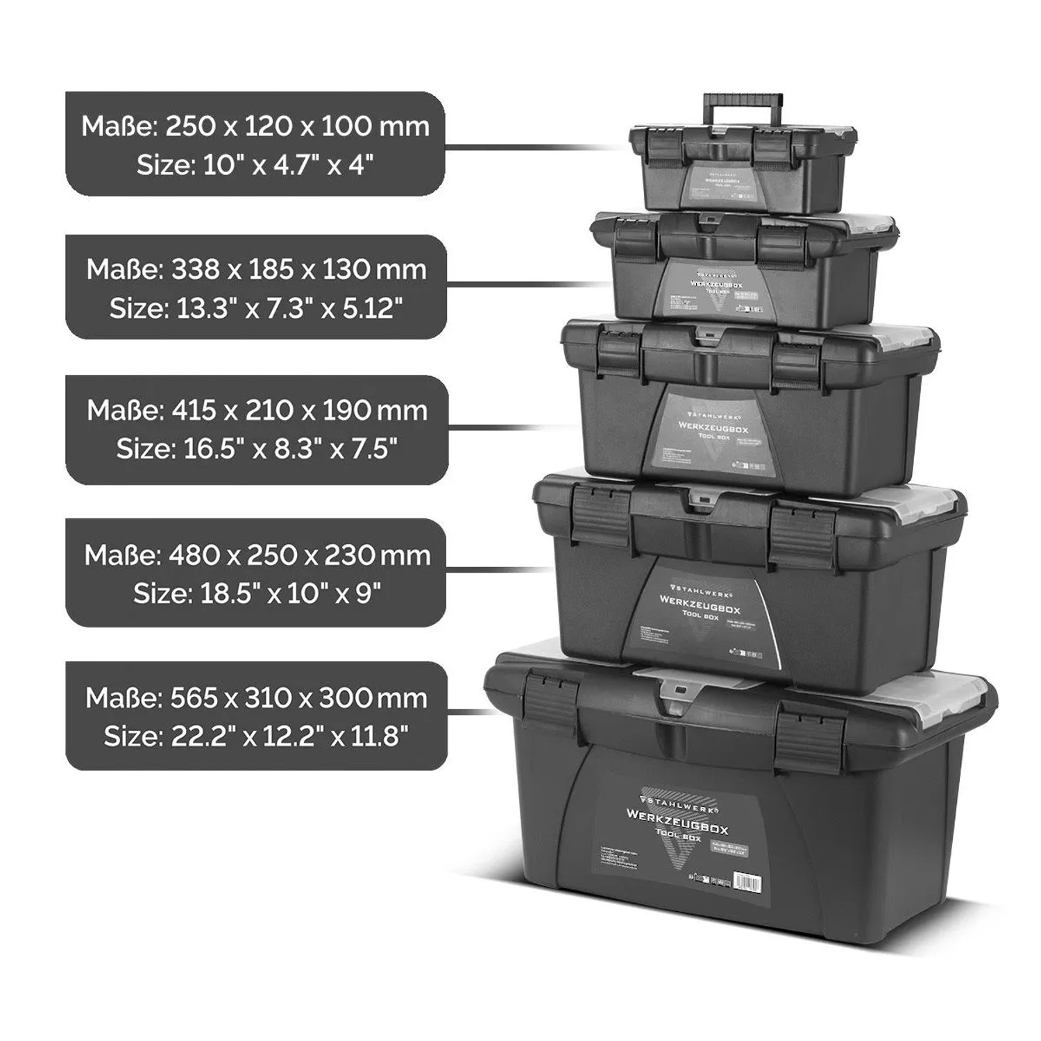 STAHLWERK Toolbox Set: 5 leere Werkzeugkisten im modularen System, stapelbar.