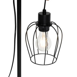 Schwarze QAZQA Tischlampe Stronk im Landhausstil mit Holzelementen und sichtbarer Glühbirne.