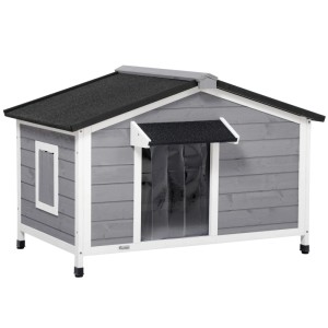 Graue PawHut Hundehütte aus Holz mit schwarzem Asphaltdach, Fenster und Eingangsklappen. Für kleine bis mittelgroße Hunde.