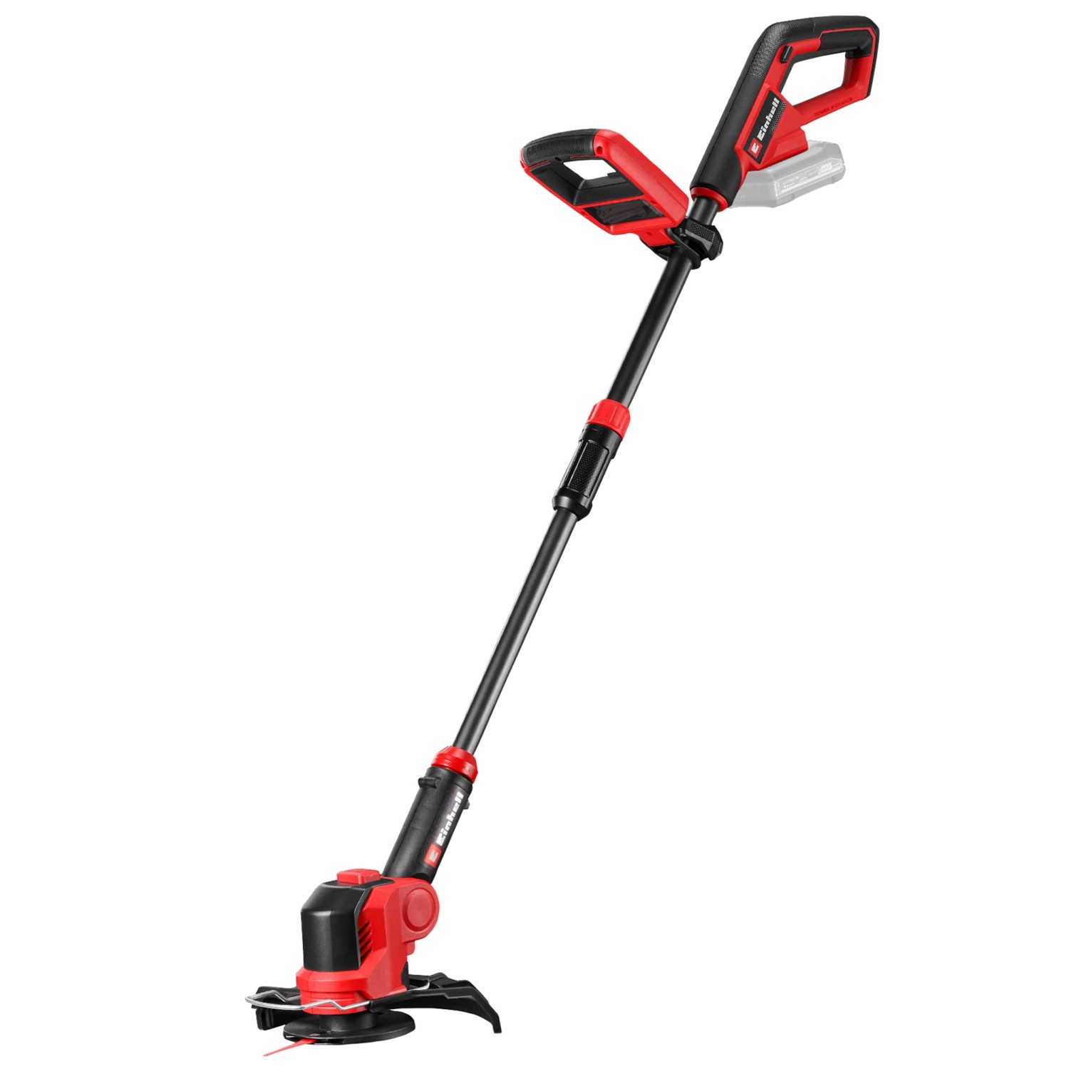 Einhell Akku-Rasentrimmer GE-CT 18/25 Li-Solo, rot/schwarz, mit verstellbarem Griff und Trimmerkopf.